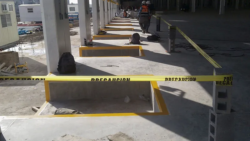 Fosas de andén con el borde pintado de amarillo y cinta de precaución dentro de la Nave Dicex, en Reynosa